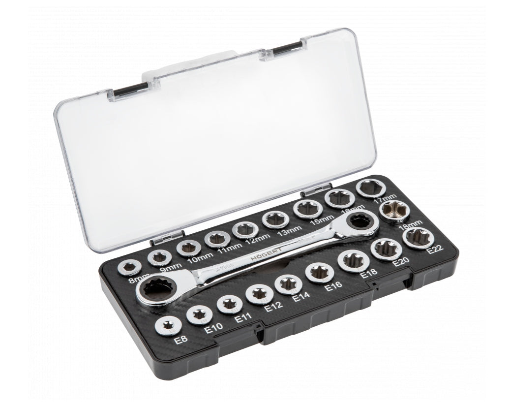 HOGERT HT1R492 EYE WRENCH SET WITH RATCHET AND CAPS 20PCS. Brand Hoegert Technik