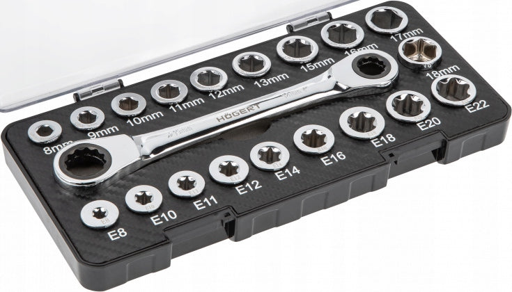 HOGERT HT1R492 EYE WRENCH SET WITH RATCHET AND CAPS 20PCS. Manufacturer code HT1R492