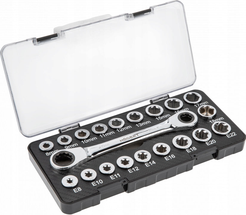 HOGERT HT1R492 EYE WRENCH SET WITH RATCHET AND CAPS 20PCS.