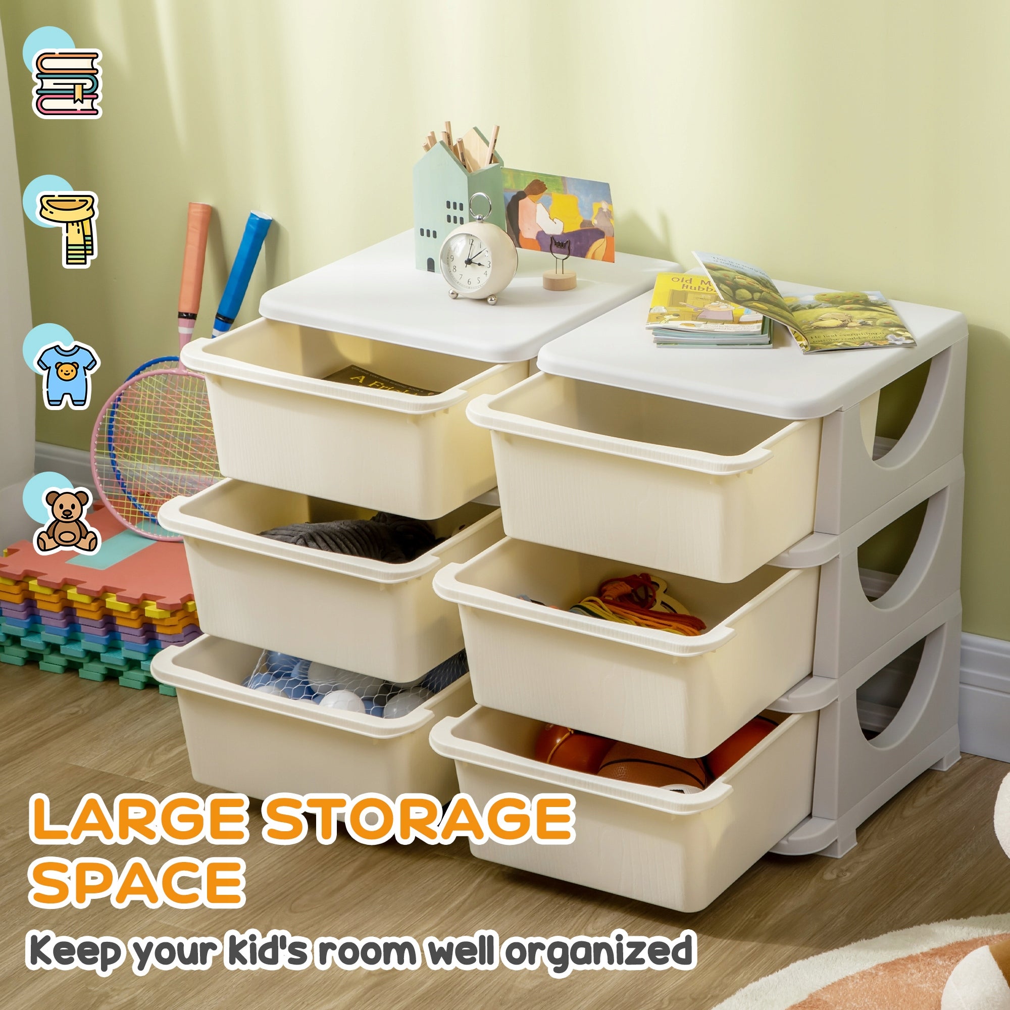 HOMCOM Kids Toy Organizer with 6 Drawers, 3-Tier, Cream Brand Homcom