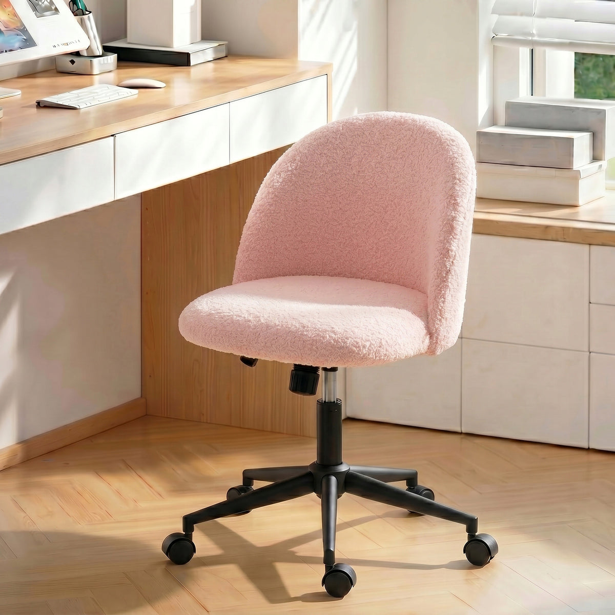 HOMCOM Rotating office chair with teddy fleece with adjustable height pink Medical device no