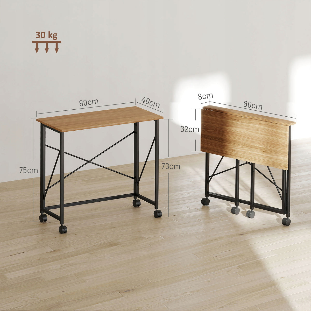 HOMCOM folding computer desk on wheels, natural shade, 80x40x75cm Brand Homcom