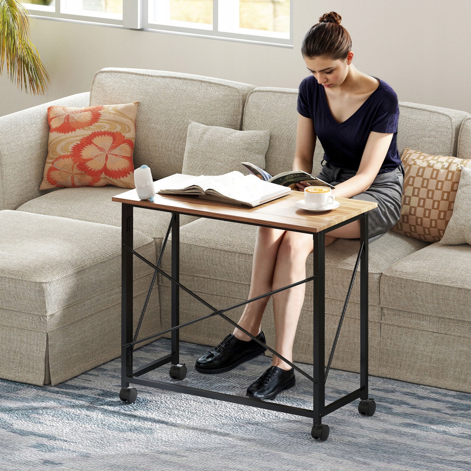 HOMCOM folding computer desk on wheels, natural shade, 80x40x75cm Furniture color oak