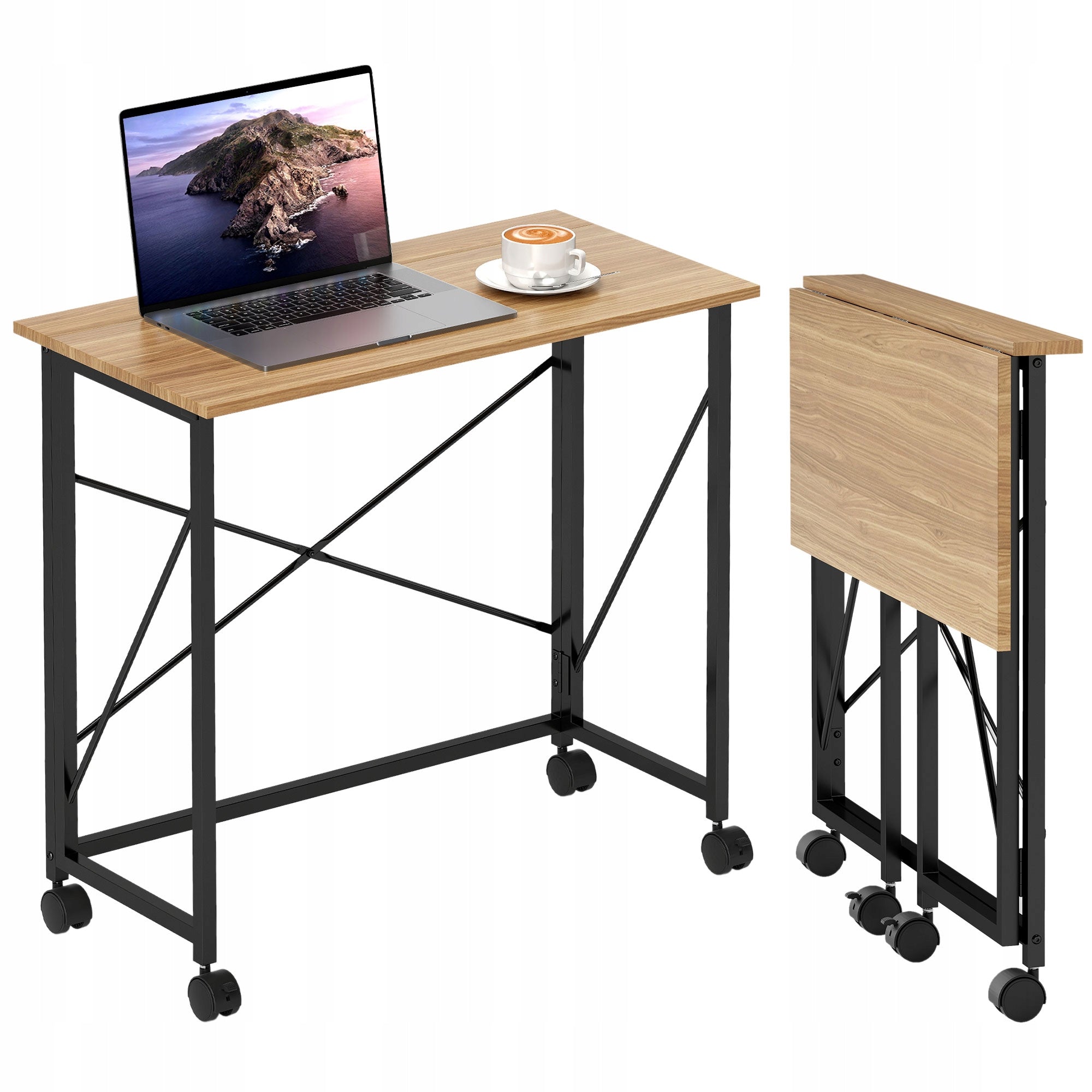HOMCOM folding computer desk on wheels, natural shade, 80x40x75cm