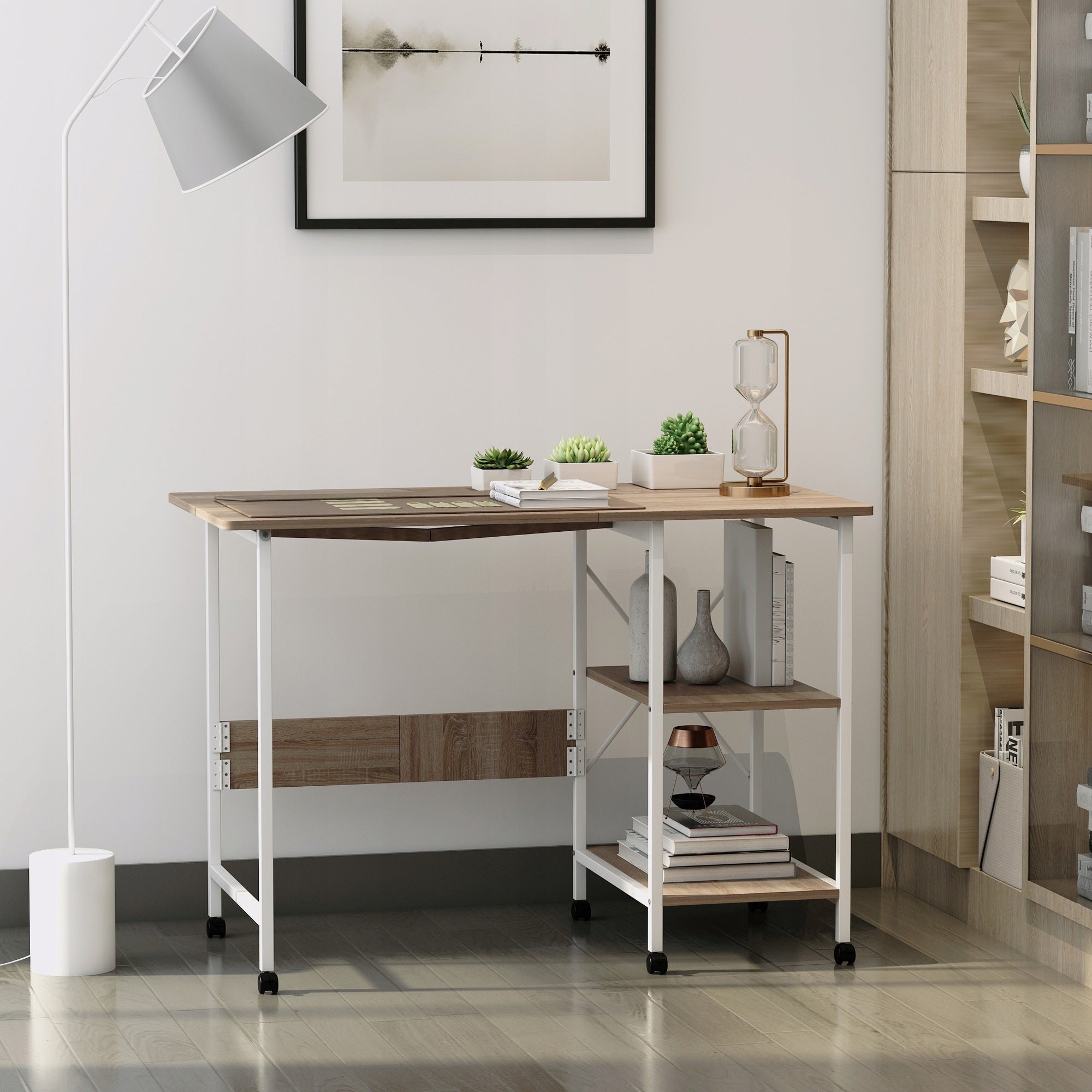 HOMCOM folding table, mobile MDF computer desk, natural Furniture color natural oak