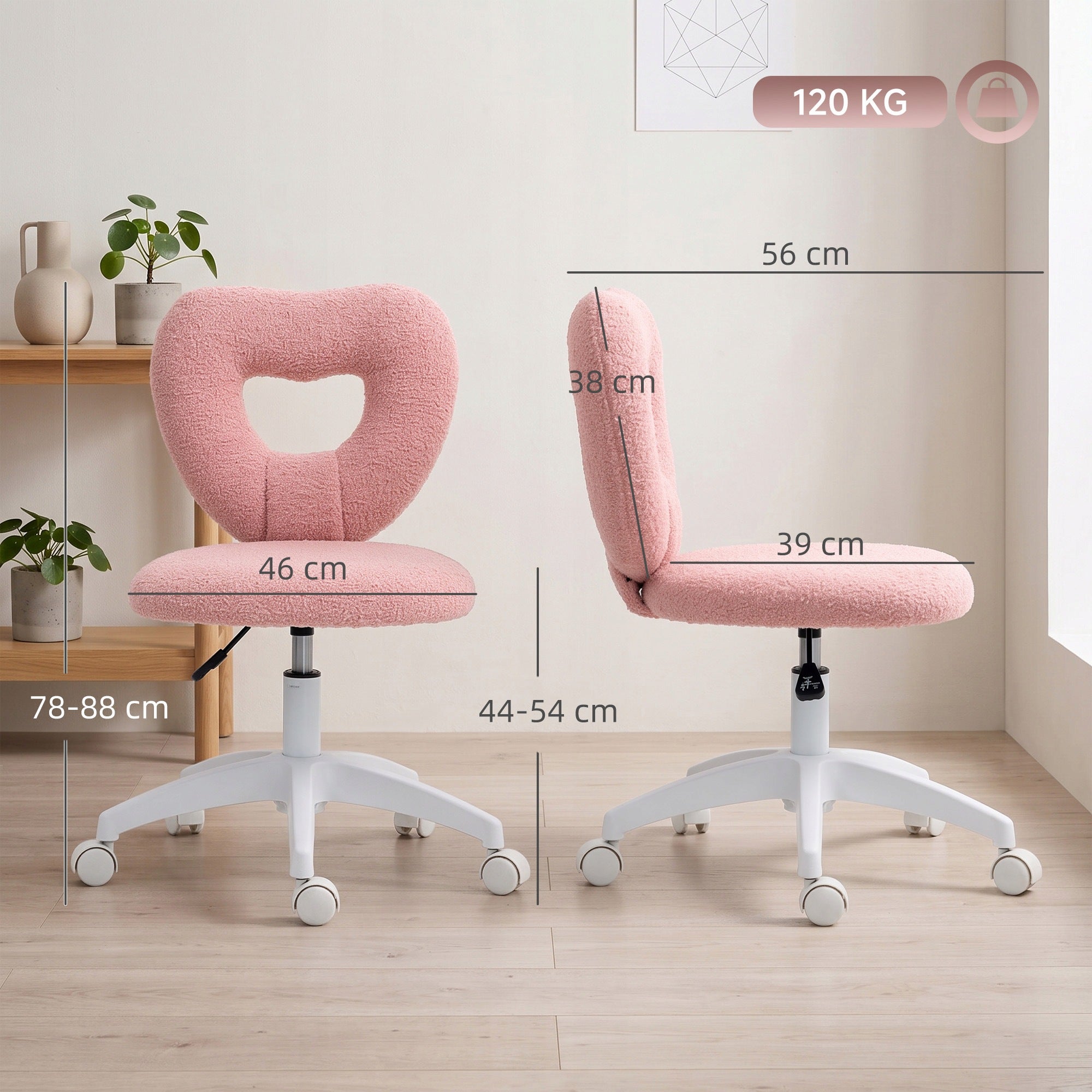 HOMCOM swivel office chair with heart-shaped backrest, pink Furniture depth 56 cm