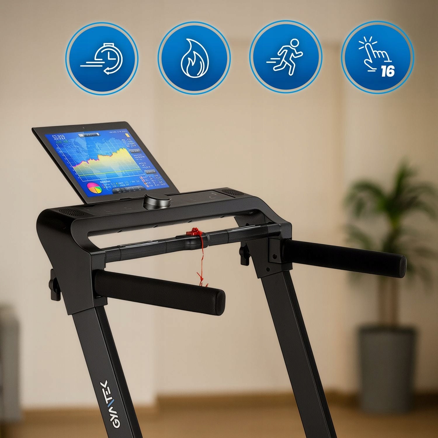HOME ELECTRIC TREADMILL FOLDING MAGNETIC RUNNING XT700 GYMTEK Additional features Bluetooth keyboard shortcuts transport wheels place for mobile phone/tablet foldable training programs mobile device compatibility display