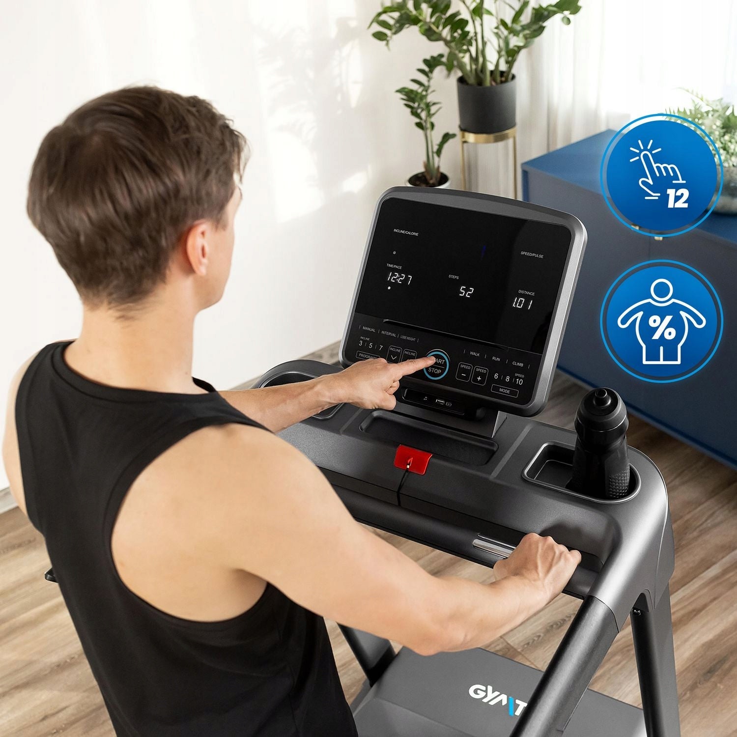 HOME ELECTRIC TREADMILL FOLDING MAGNETIC RUNNING XT850 GYMTEK Additional features Bluetooth speakers keyboard shortcuts safety key transport wheels place for water bottle place for mobile phone/tablet foldable training programs tilt angle adjustment touch sensors headphone jack USB port mobile device compatibility display