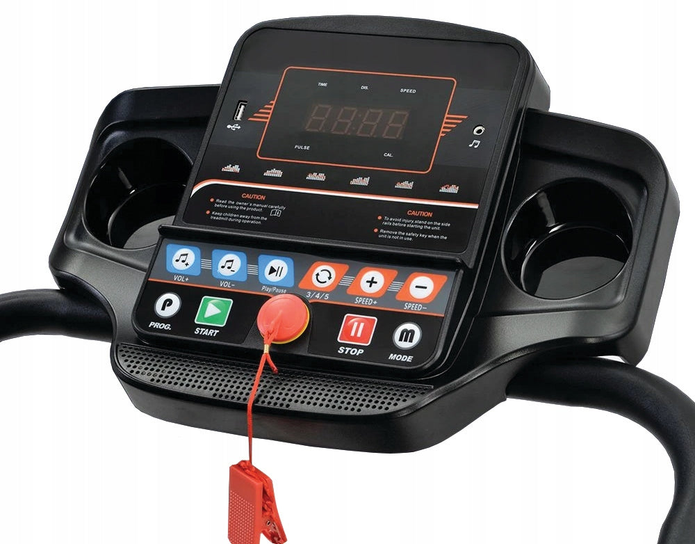 HOME ELECTRIC TREADMILL HRS T-150 TILT ADJUSTMENT FOLDING TWISTER Additional features speakers keyboard shortcuts safety key transport wheels place for water bottle place for mobile phone/tablet foldable training programs tilt angle adjustment touch sensors USB port display