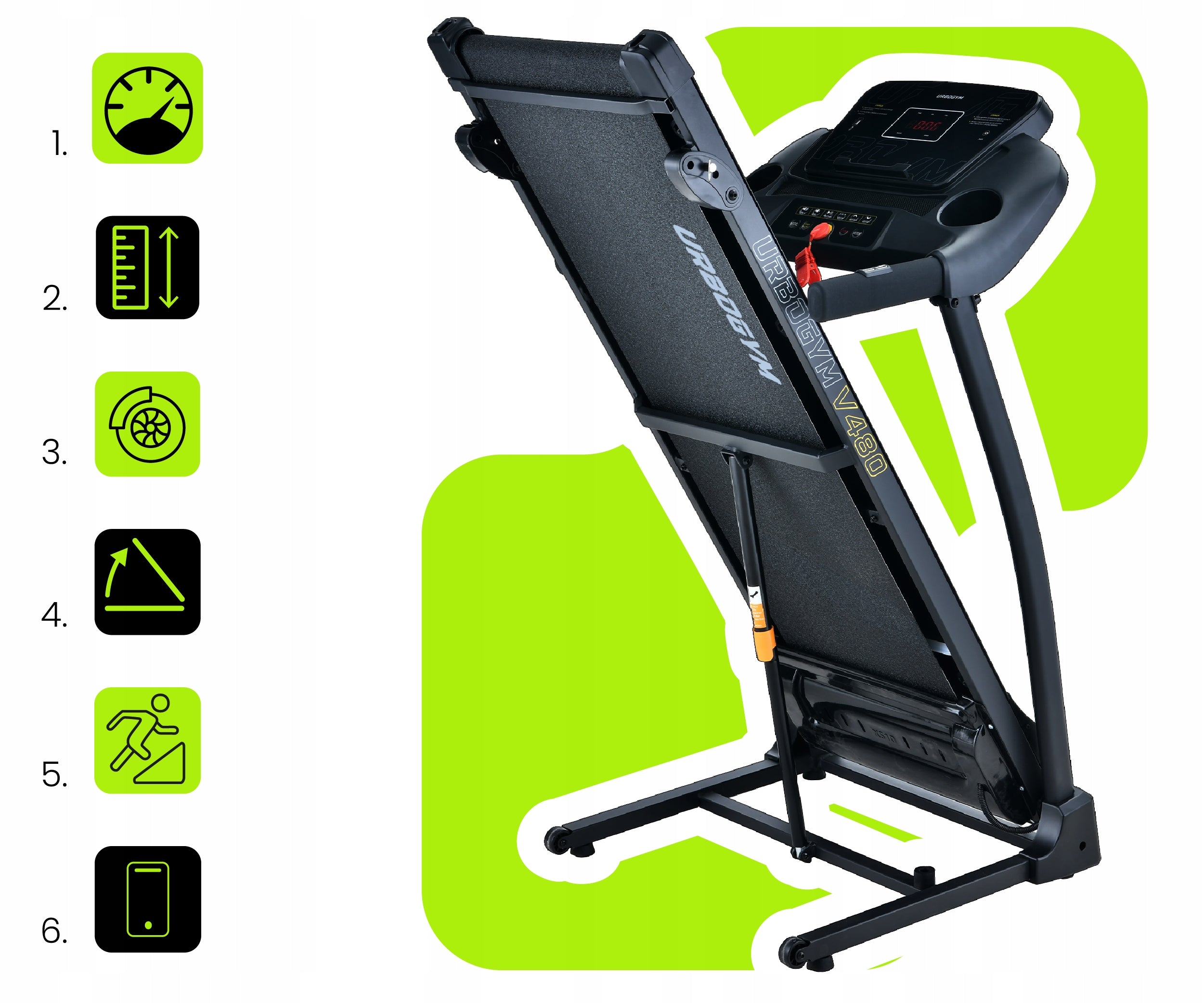 HOME ELECTRIC TREADMILL V480 BLUETOOTH TILT ADJUSTMENT SHOCK ABSORPTION Measurements training duration distance speed pulse burned calories