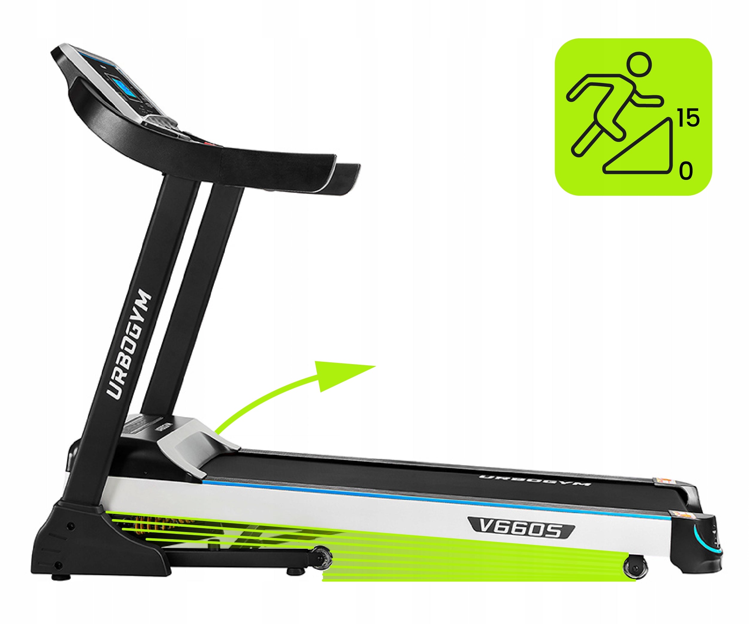 HOME ELECTRIC TREADMILL V660S AUTO ANGLE 15 LEVELS SHOCK ABSORPTION SOLID Measurements training duration distance speed pulse burned calories