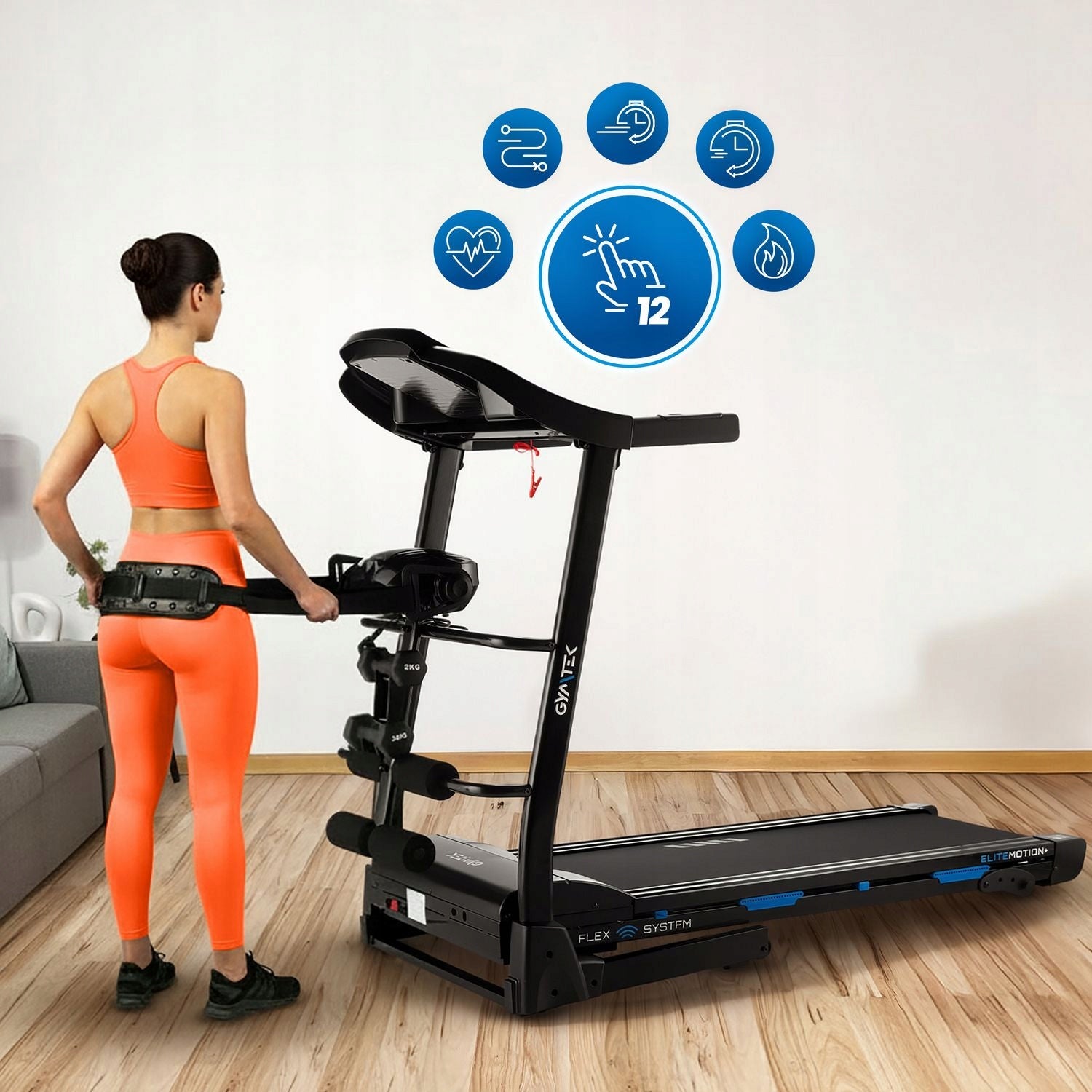 HOME ELECTRIC TREADMILL WITH MASSAGER 3 DEGREES OF INCLINATION GYMTEK Measurements training duration distance speed pulse burned calories fat