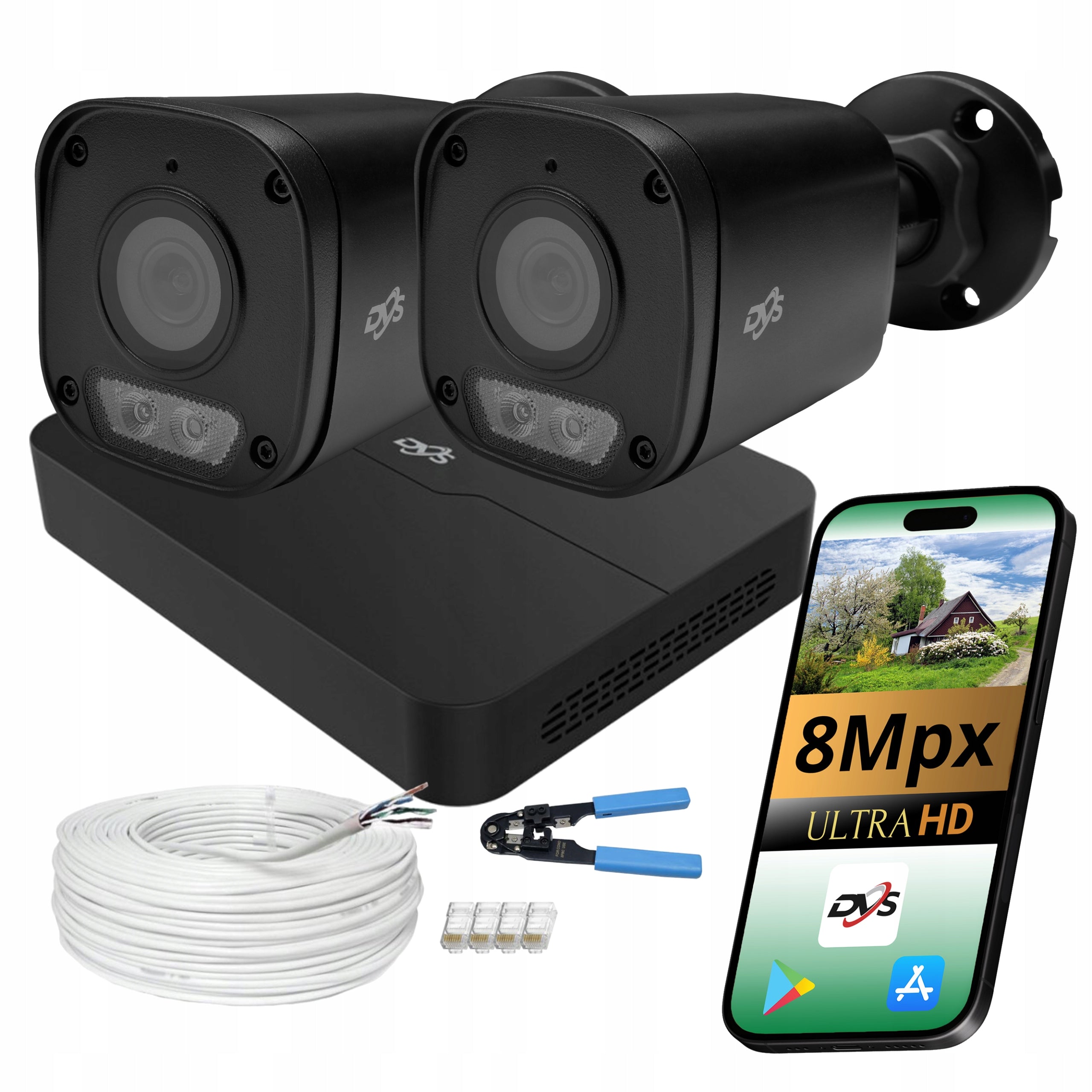 HOME SURVEILLANCE KIT 2 IP PoE CAMERAS 8MPX 4K BLACK EXTERNAL