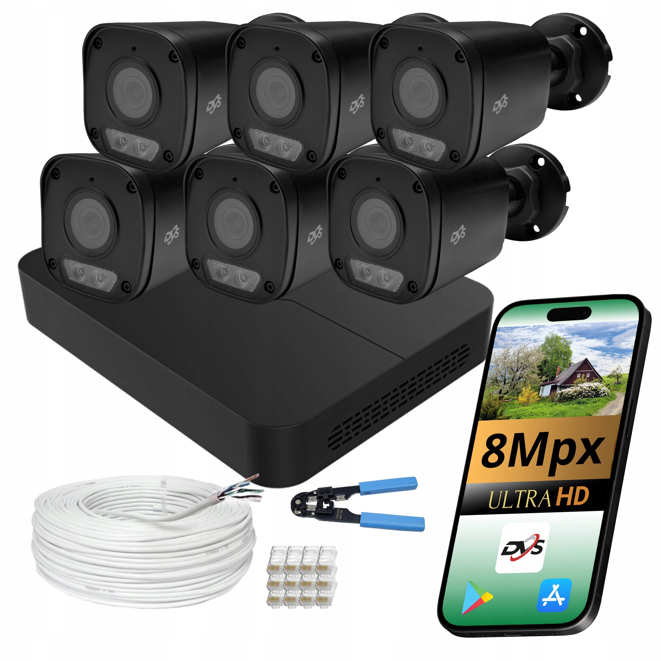 HOME SURVEILLANCE KIT 6 CAMERAS BLACK IP POE 8Mpx APPLICATION DVS