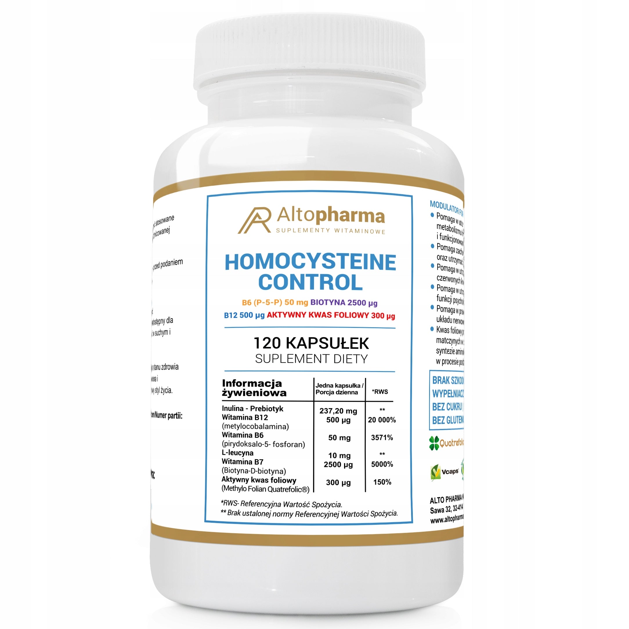 HOMOCYSTEINE CONTROL Modulator Homocysteine B12 B6 B7 Alto Pharma 120 kaps.