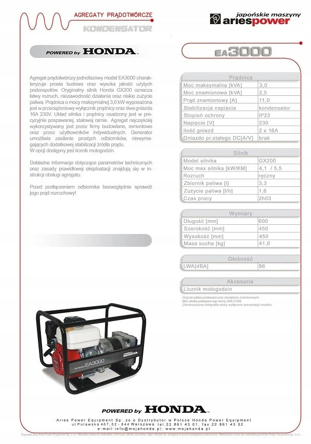 HONDA Generator set EA3000 Capacitor 230V 3,0kW GX200 Model EA 3000