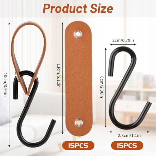 HOOKS S WITH LEATHER LOOP BROWN FOR HANGING CLOTHES SET OF 15 PCS. Manufacturer code Bez marki