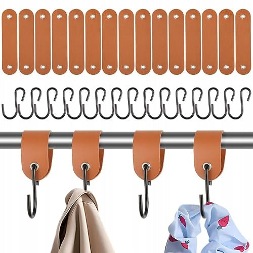 HOOKS S WITH LEATHER LOOP BROWN FOR HANGING CLOTHES SET OF 15 PCS.