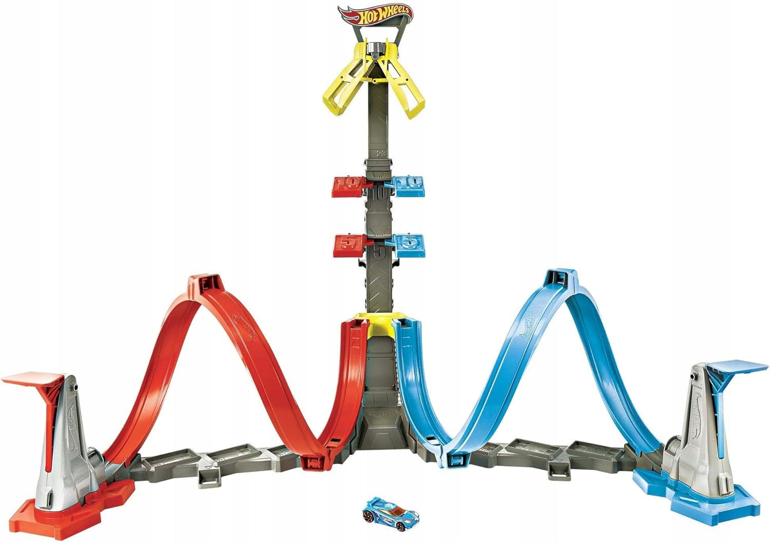 Eine Strecke mit Looping und einem Hot-Wheels-Modellauto 
