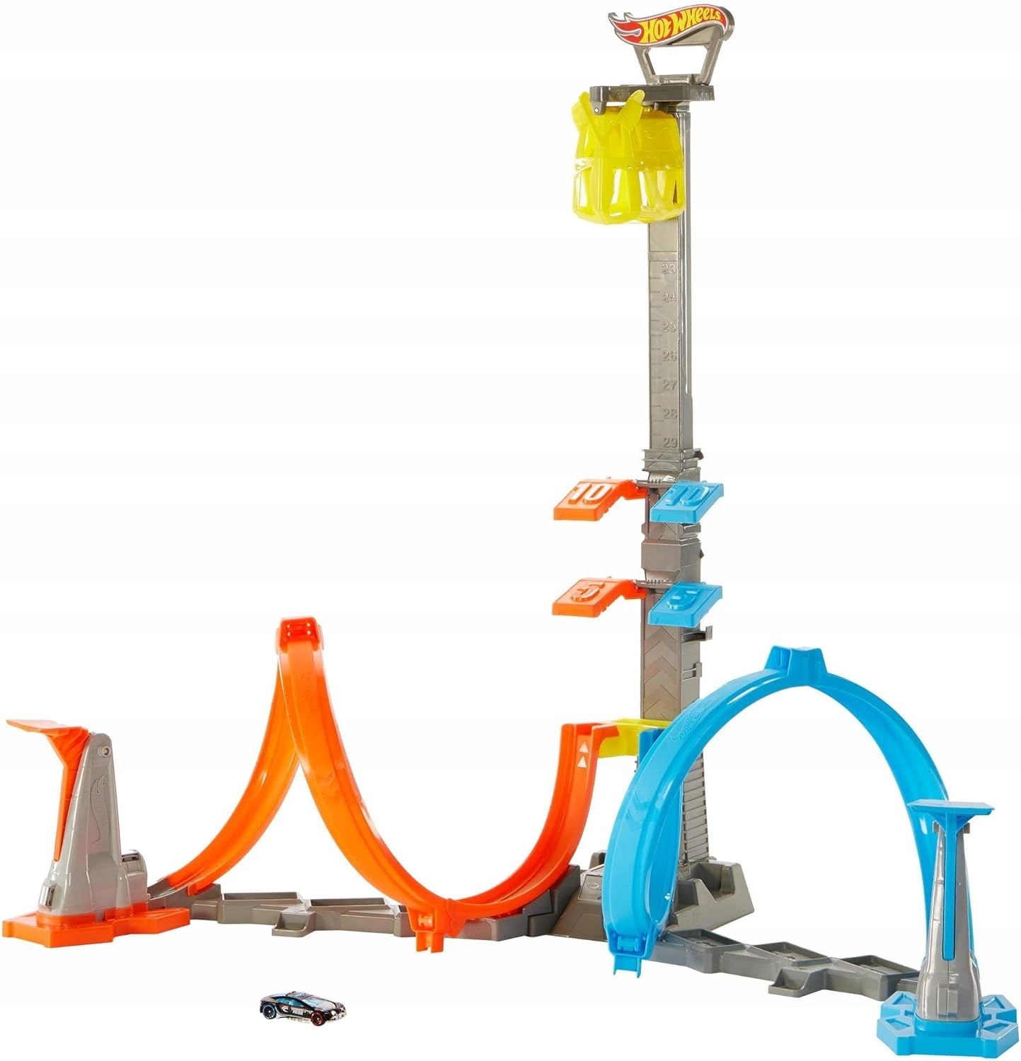 Eine Strecke mit Looping und einem Hot-Wheels-Modellauto 