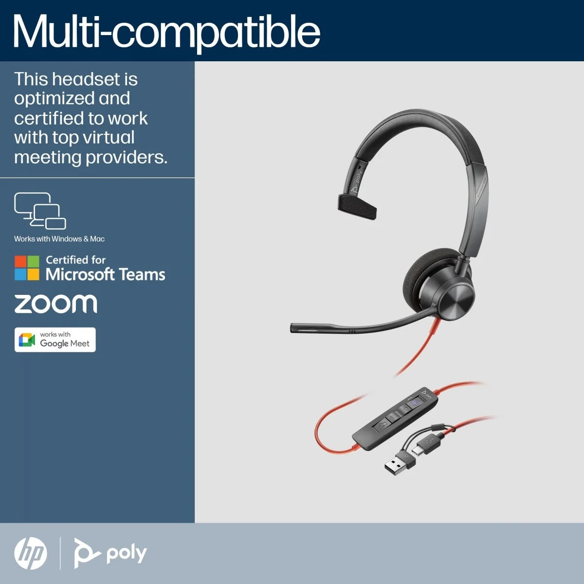 HP Poly Blackwire 3310 Monaural Microsoft Teams Certified USB-C Headset +US Brand Poly