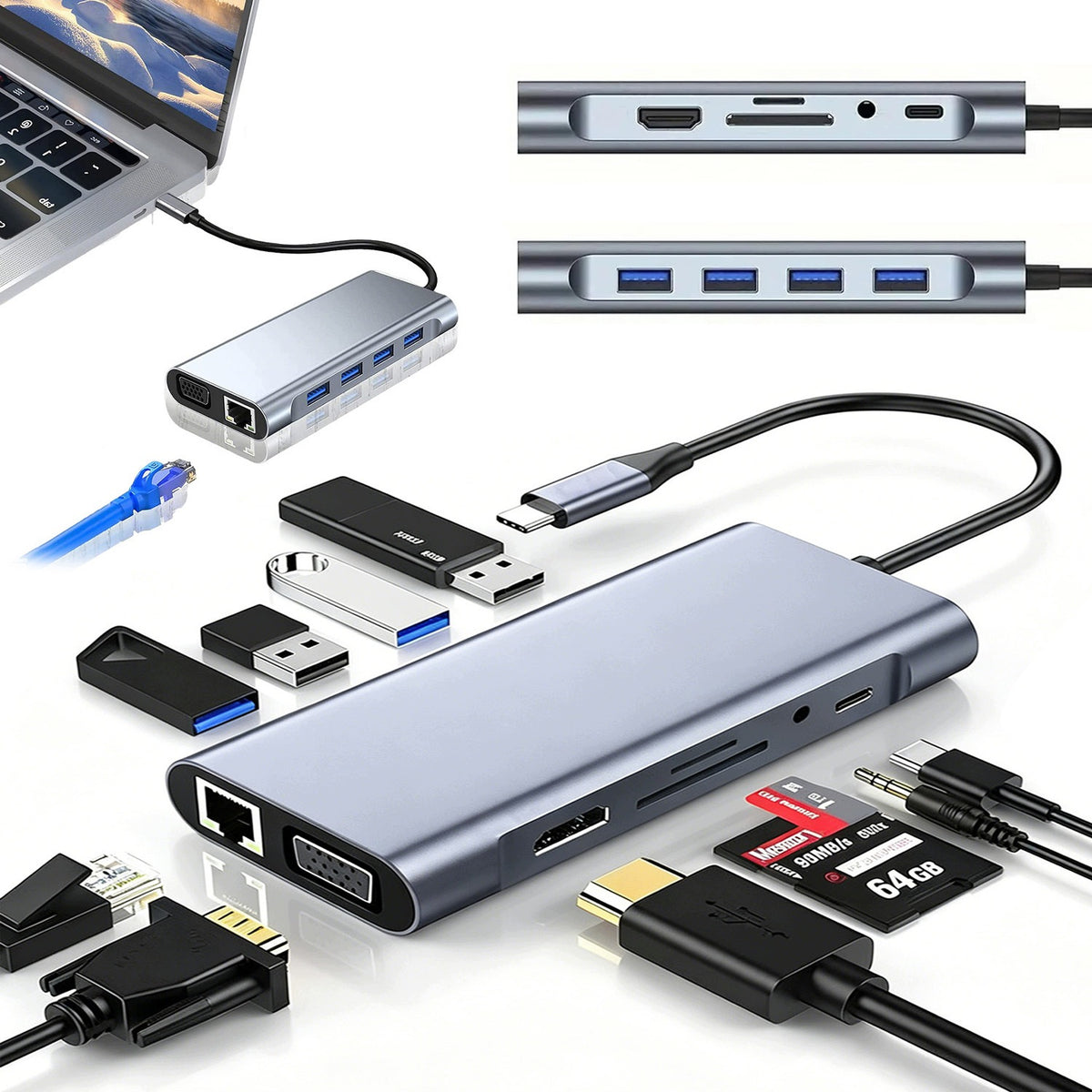 HUB 11IN1 USB-C ADAPTER FOR MACBOOK PRO AIR M1 M2 HDMI 4K LAN RJ45 SD TF