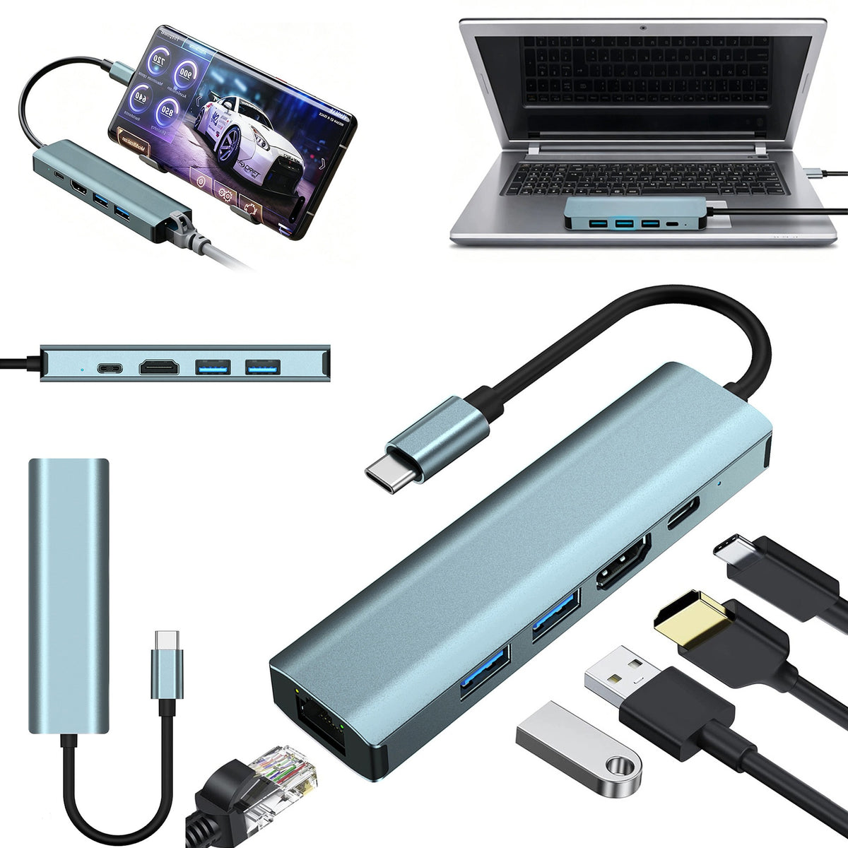 HUB 5IN1 SPLITTER ADAPTER HDMI 4K RJ45 LAN ETHERNET USB 3.0 DOCK