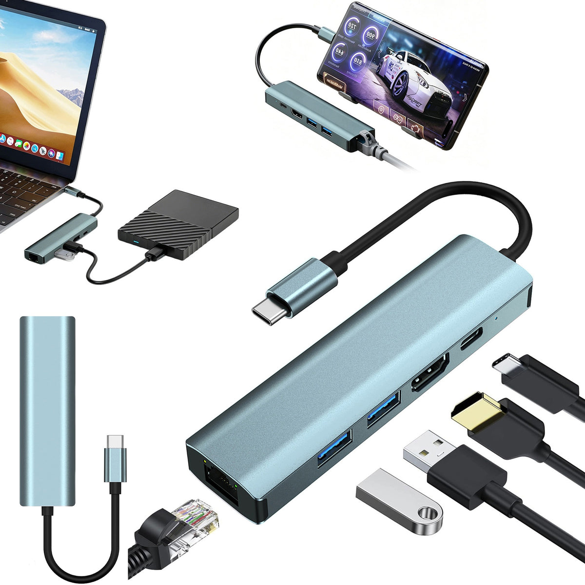 HUB 5IN1 USB-C ADAPTER DOCKING STATION FOR MACBOOK AIR PRO M1 M2 M3 PD 100W