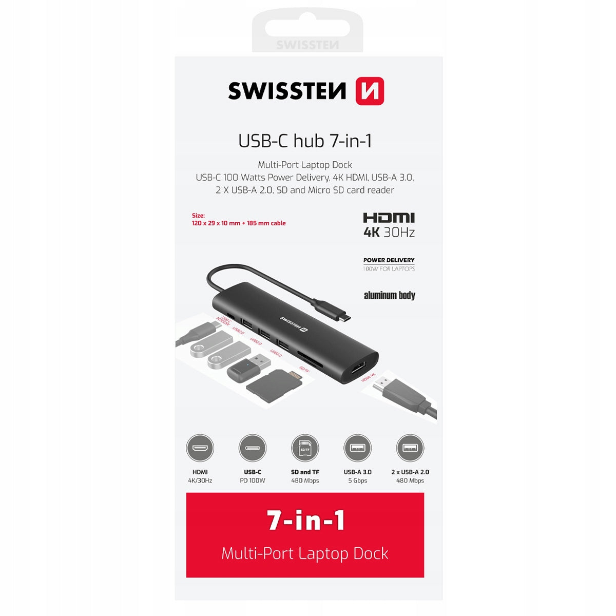 HUB 7in1 USB-C 100W HDMI 4K 1x USB-A 3.0 2x USB-A 2.0 SD MICRO SD SWISSTEN