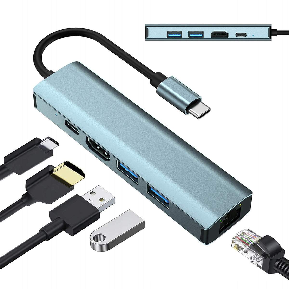 HUB ADAPTER 5 IN1 USB-C USB ADAPTER 3.0 / 2.0 PD 100W LAN RJ45