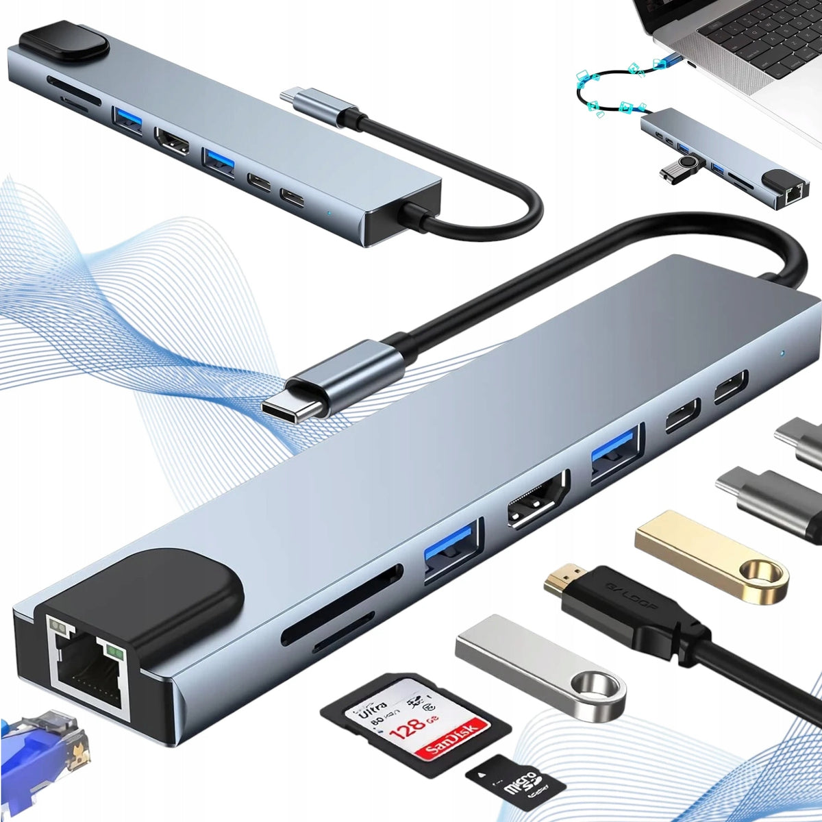 HUB ADAPTER UNIVERSAL USB-C SPLITTER 8in1 SD READER USB 3.0 AUDIO