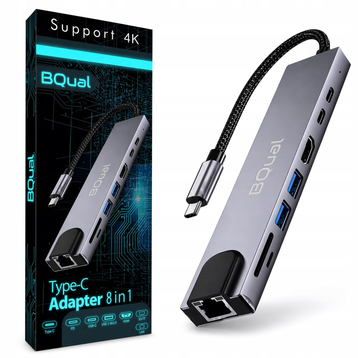 HUB Adapter 8in1 BQual USB-C Adapter USB 3.0 PD 100W HDMI 4K SD LAN PRO
