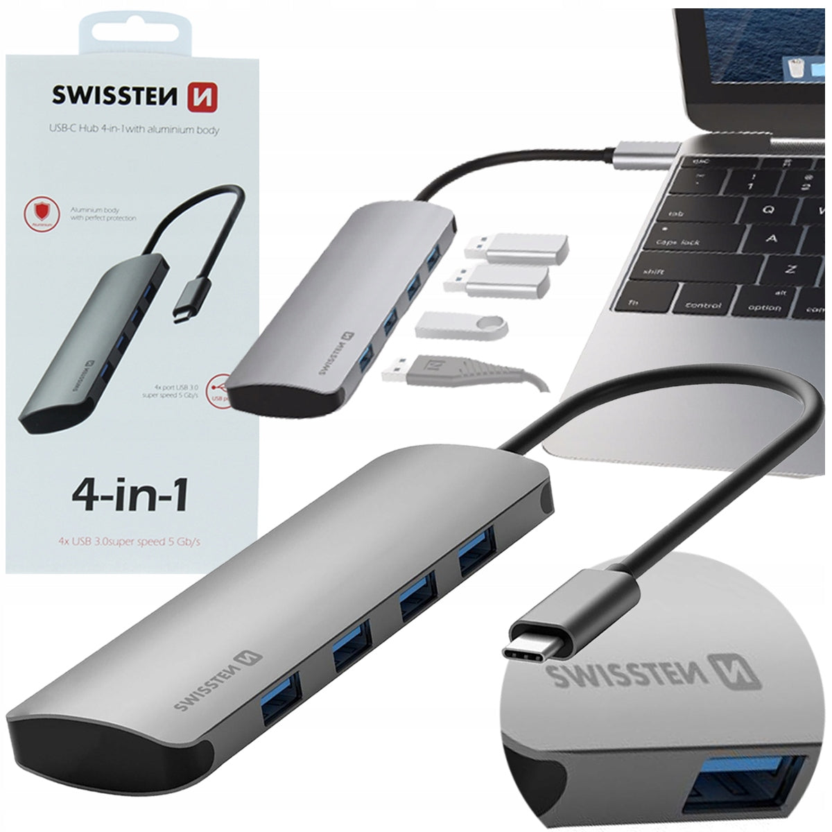 Swissten USB-C Hub 4in1 mit 4 USB 3.0 Ports / Aluminiumgehäuse 
