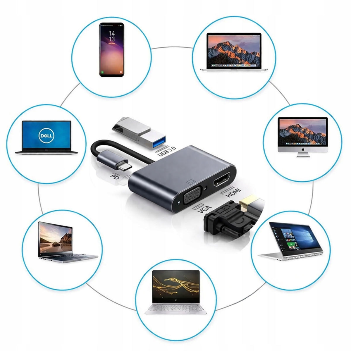 HUB SPLITTER 4in1 USB-C HDTV+ VGA+ USB A TOP QUALITY 4K Manufacturer code A027