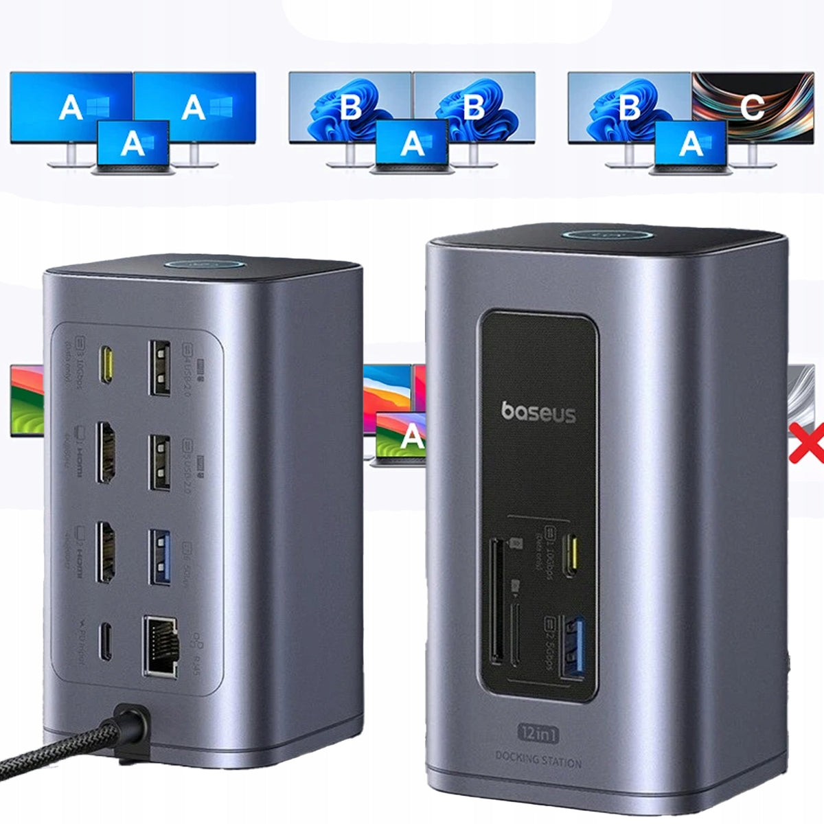 HUB USB-C 12in1 Dual 4K@60Hz HDMI PD 100W RJ45 SD TF USB 3.2