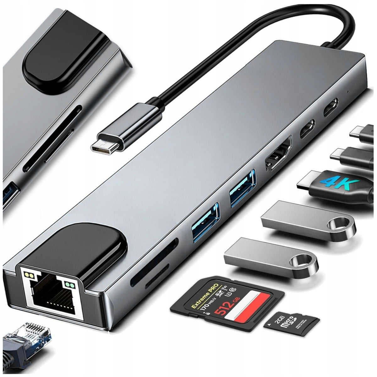 HUB USB C 3.0 8IN1 ADAPTER PORT HDMI 4K CARD SD LAN PLUG RJ45