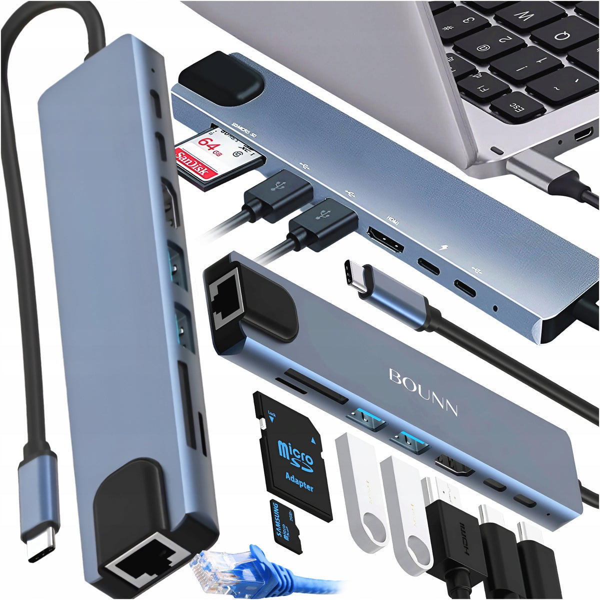 HUB USB-C 3.0 8IN1 ADAPTER PORT HDMI 4K CARD SD LAN PLUG RJ45