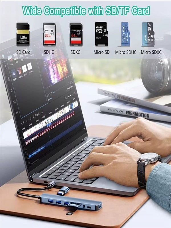 HUB USB-C 8in1 Adapter 4x USB Memory Card Reader SD microSD USB-C PD Jack Manufacturer code HUB8w1USB-A/C