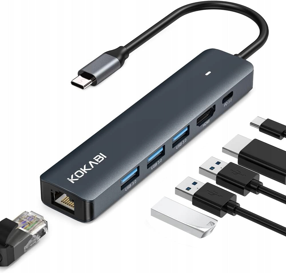 HUB USB C ADAPTER 6 IN 1 USB-C 3XUSB 3.0 HDMI LAN HUB FOR LAPTOPS