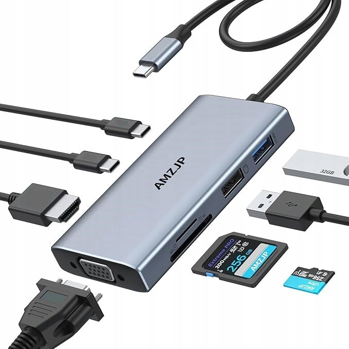 HUB USB-C AMZJP 8IN1 HDMI 4K VGA PD 100W USB 3.0 SD TF DOCKING STATION