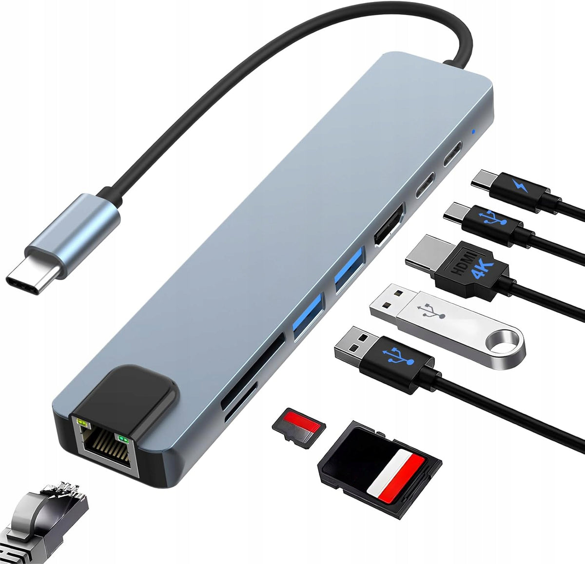 HUB USB-C SPLITTER ADAPTER 8in1 HDMI 4K micro SD USB 3.0 RJ45 LAN MACBOOK Manufacturer Interlook