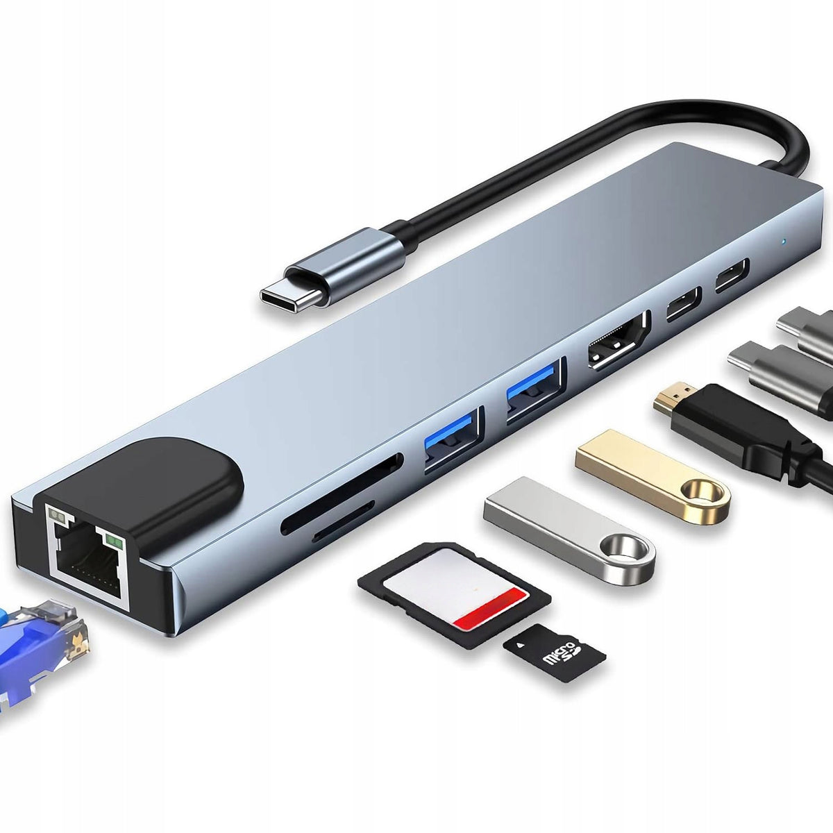 HUB USB-C SPLITTER ADAPTER 8in1 HDMI 4K micro SD USB 3.0 RJ45 LAN MACBOOK