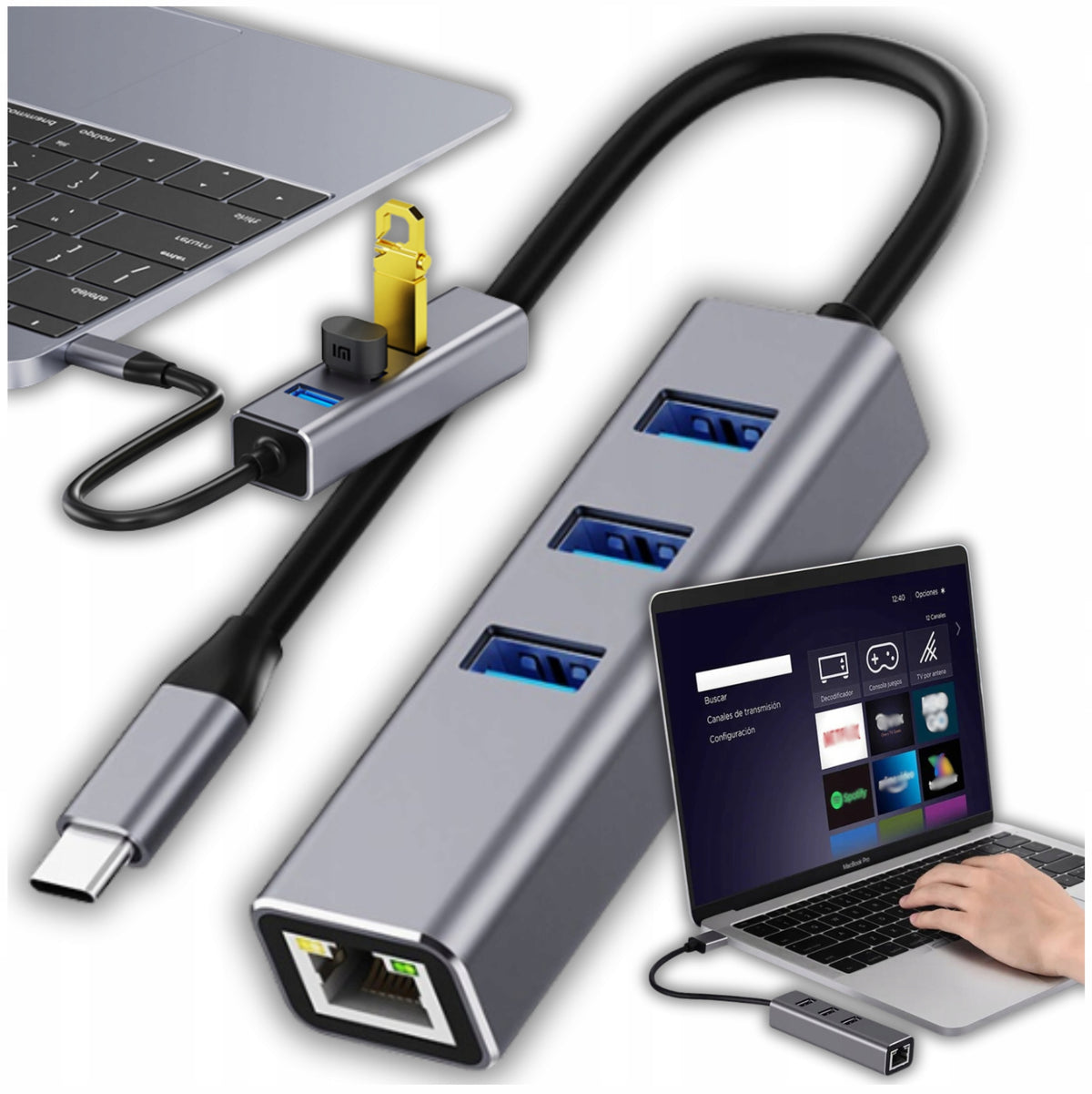 HUB USB-C SPLITTER USB 3.0 x3 +RJ45 1000 Mbps ACTIVE LAN SPLITTER