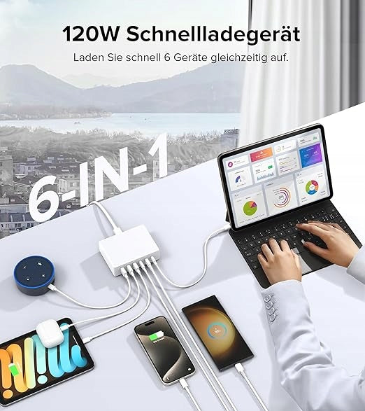 HUB USB MULTIPORT 6 PORTS FOR CHARGING 3X USB, 3X USB-C WHITE Manufacturer code 6914326568387