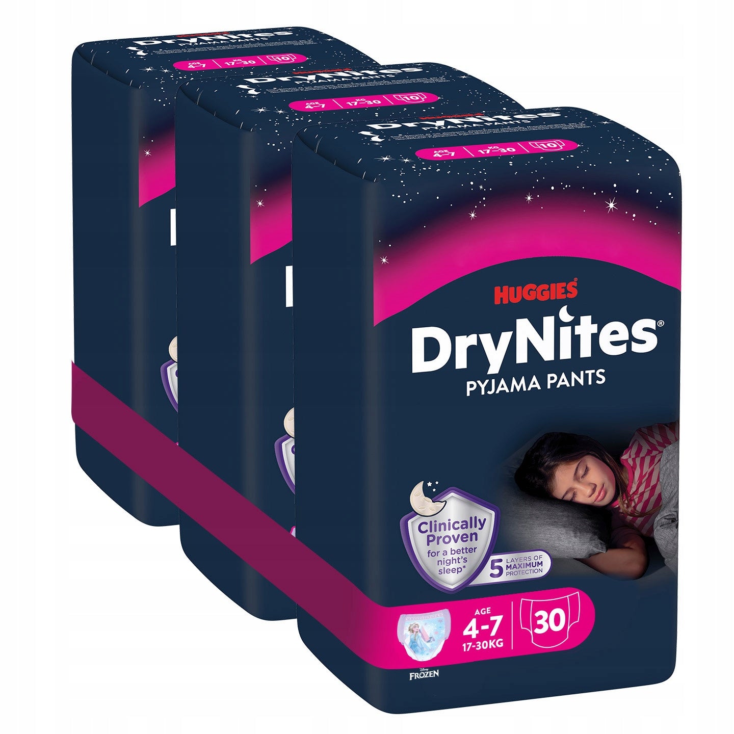 HUGGIES DryNites Pyjama Pants for Girls, 4-7 Years (37-66 lbs), 3 Packs of 10 (30 Total)