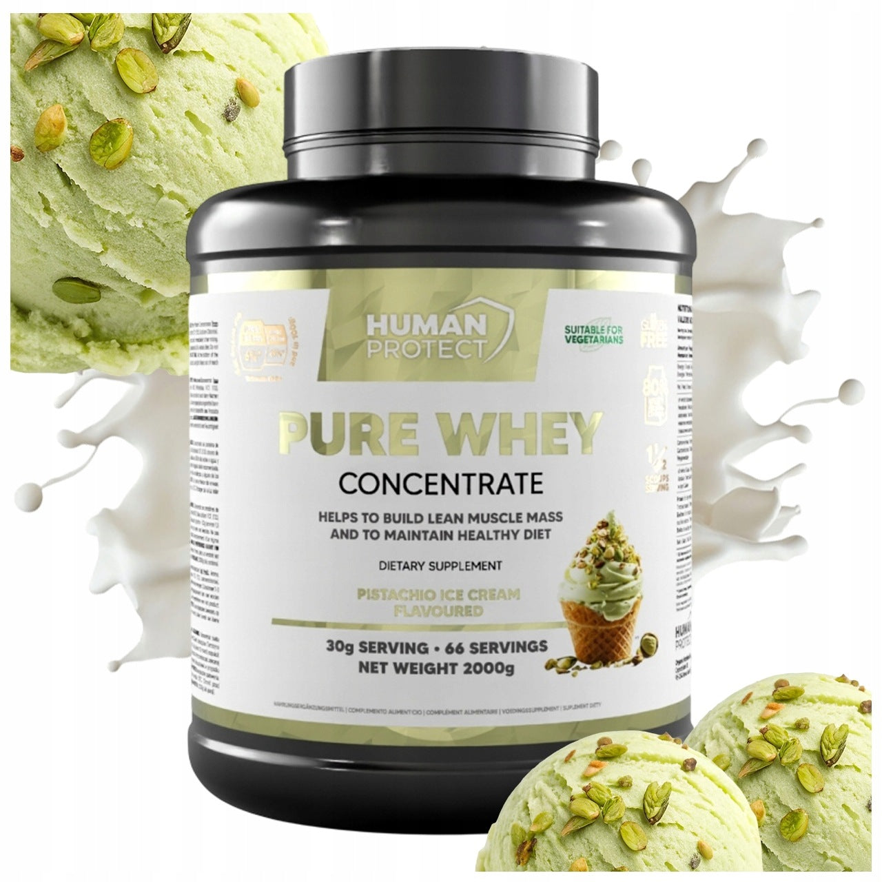 HUMAN PROTECT PURE WHEY 2KG PROTEIN CONCENTRATE WPC - PISTACHIO ICE CREAM