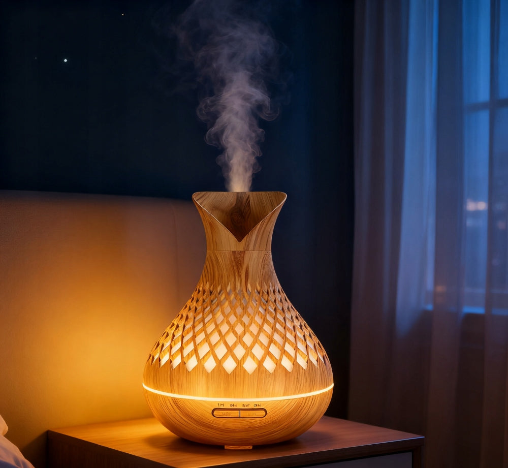 HUMIDIFIER 500ML WITH REMOTE CONTROL AND NIGHT LAMP, WOODEN PATTERN Packaging status original