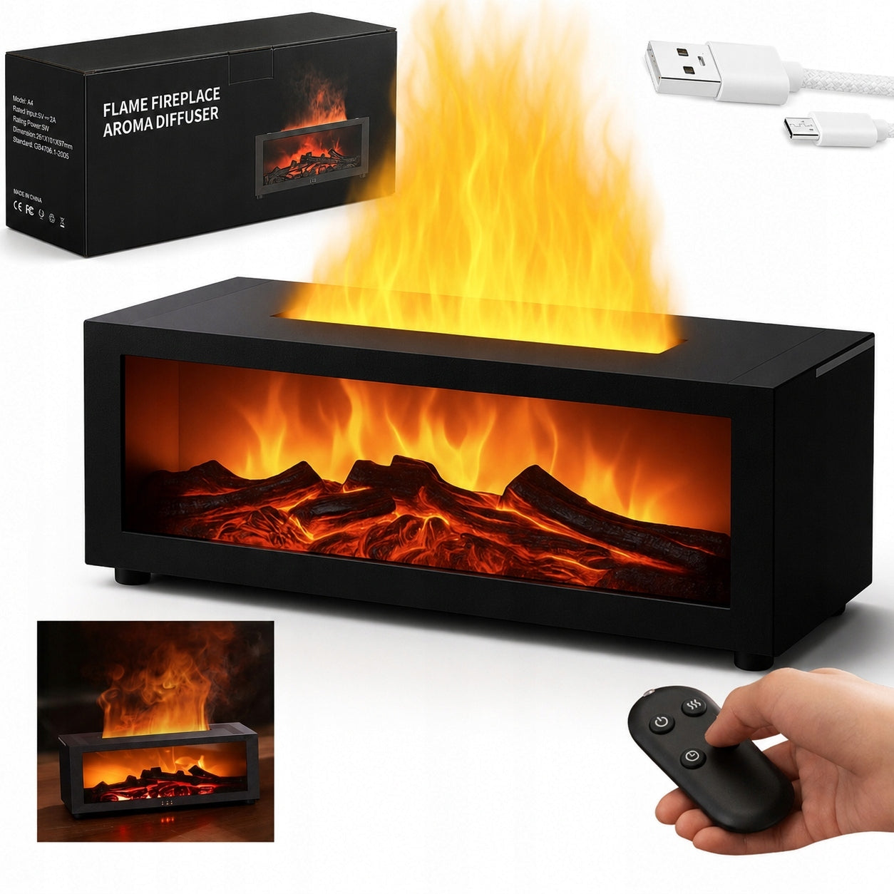 HUMIDIFIER FIREPLACE AROMA DIFFUSER NIGHT LIGHT LED TIMER +PILOT