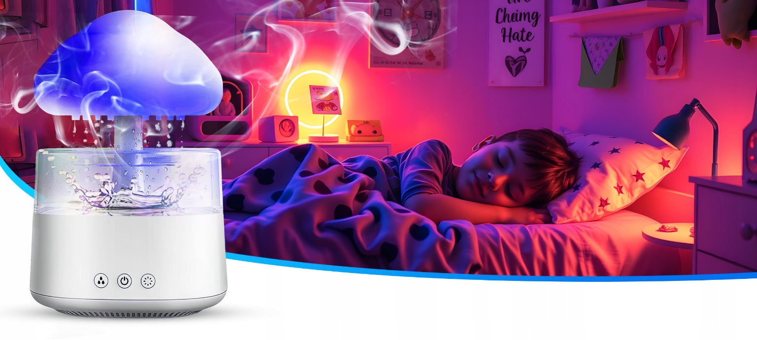 HUMIDIFIER IONIZER + AROMATHERAPY NIGHT LIGHT RAIN + 3 OILS Model NAWILŻACZ POWIETRZA GRZYBEK LAMPKA DYFUZOR PREZENT