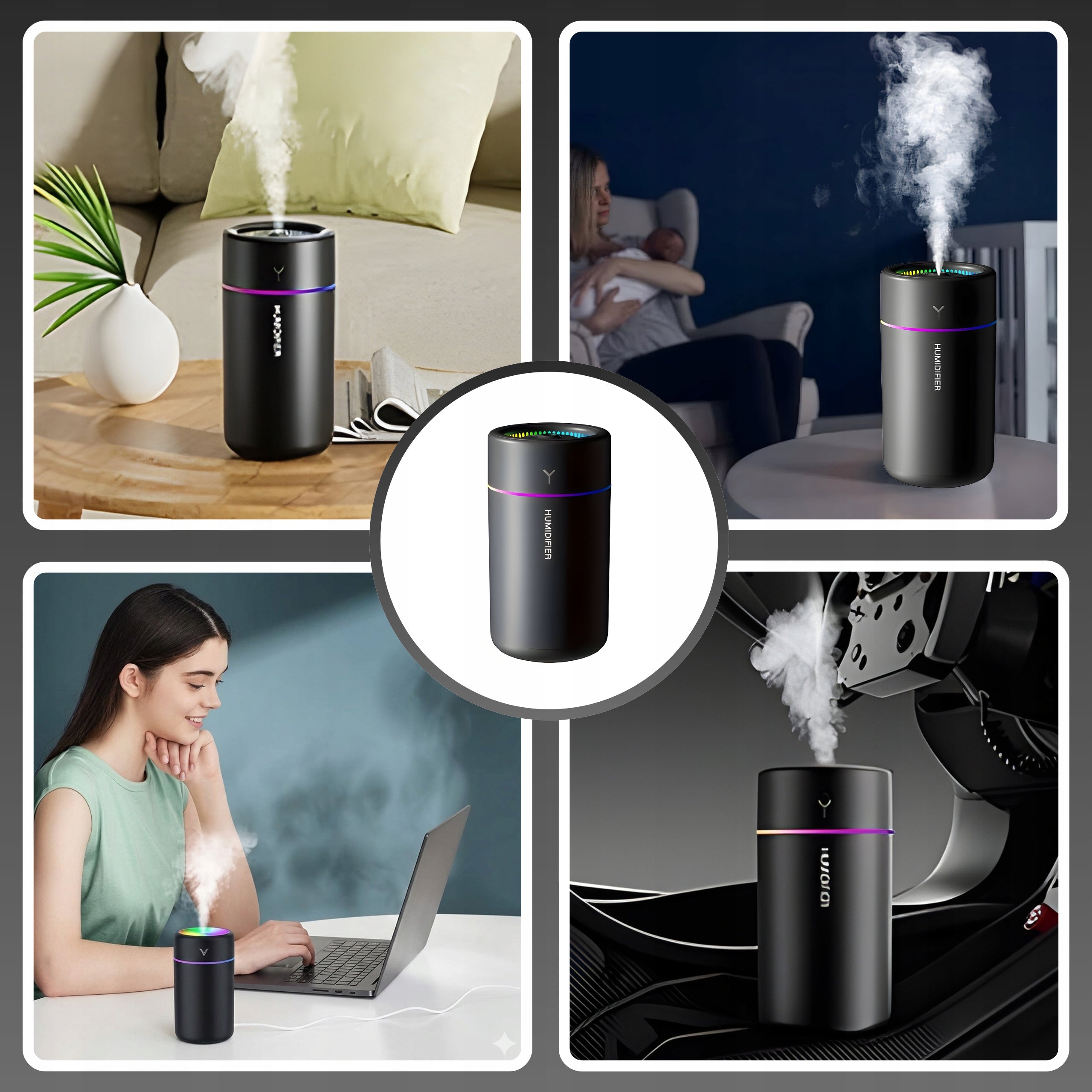 HUMIDIFIER USB FOR CAR AROMATHERAPY LED RGB 300 ML BLACK QUIET Type steam humidifier